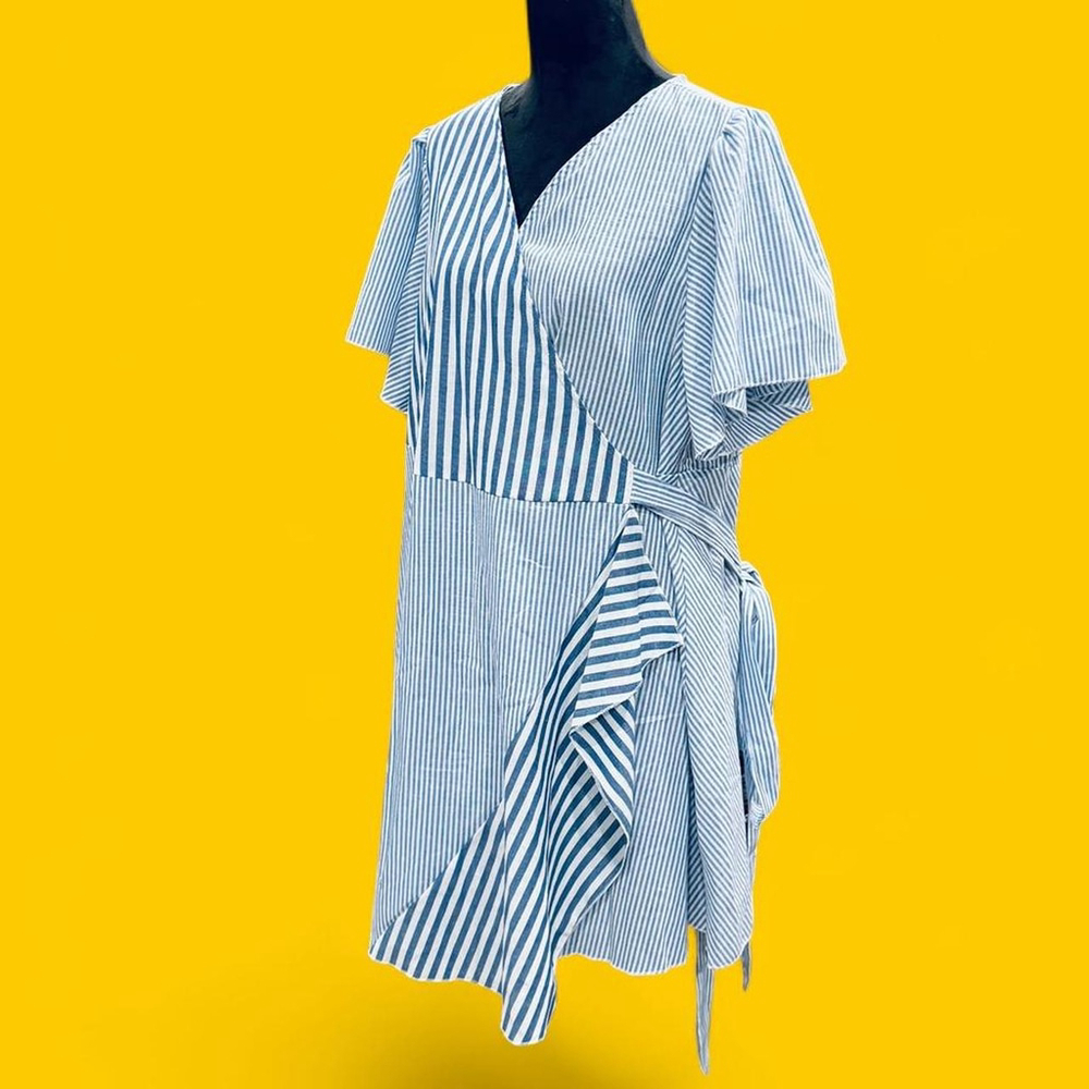 Twee Nautical Vacay Preppy Striped Wrap Blue Dress SHEIN Curve 2XL NEW